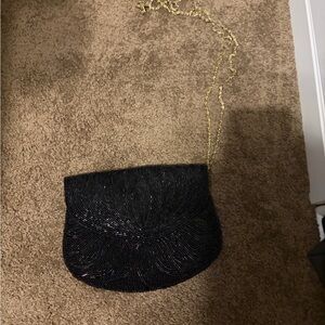 La Regale Black Beaded Evening Clutch with Gold Chain